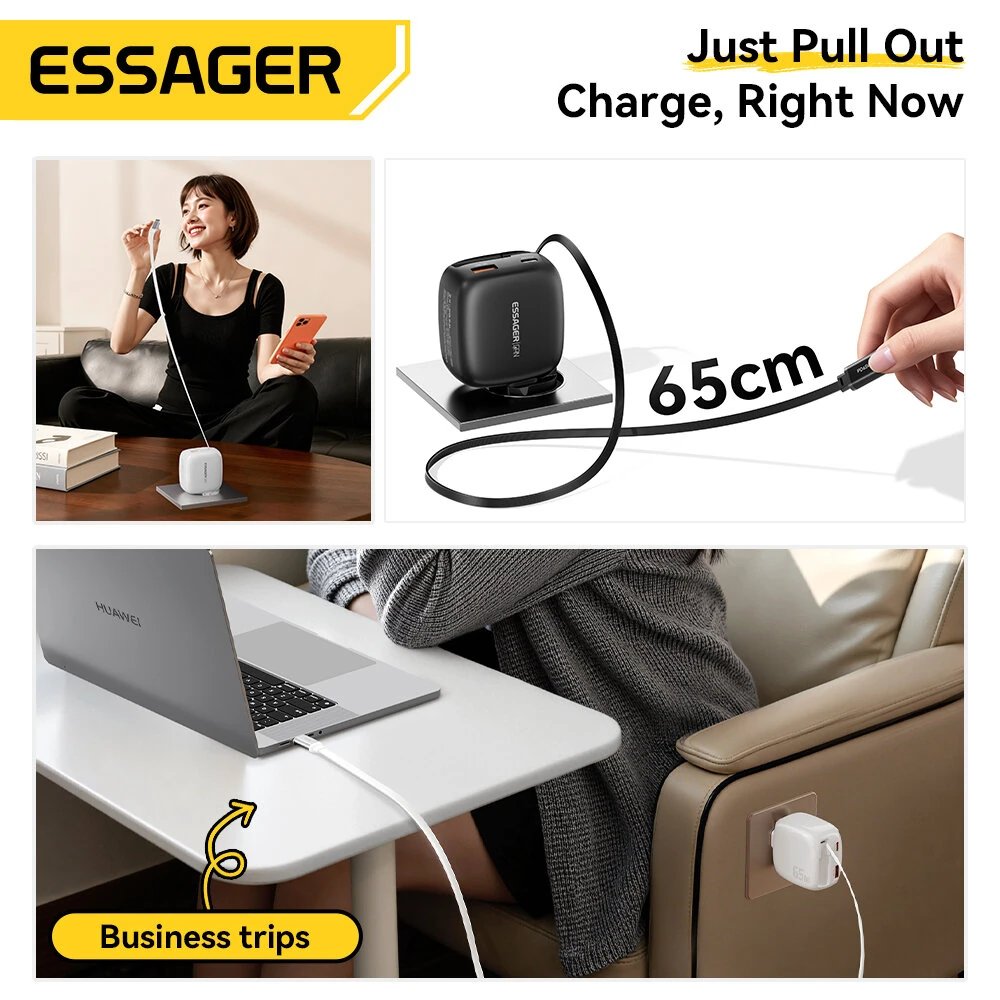 Essager ES-CD60 Chargeur Secteur GaN 65W avec Câble USB-C Rétractable - Arsenal HANTKO